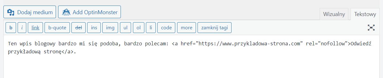 Edytor tekstowy WordPress - dodawanie linku nofollow