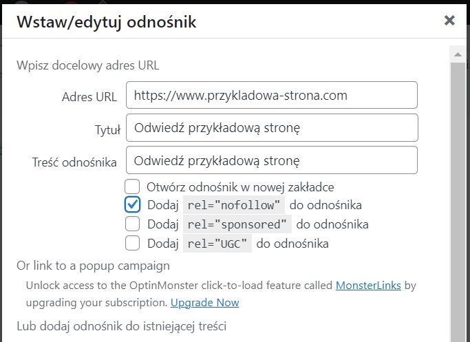 Edytor Wizualny WordPress - dodawanie linku nofollow krok 2